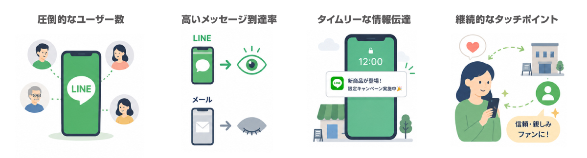 LINE公式アカウントのメリットと個人向けLINEとの違いを示すイメージ