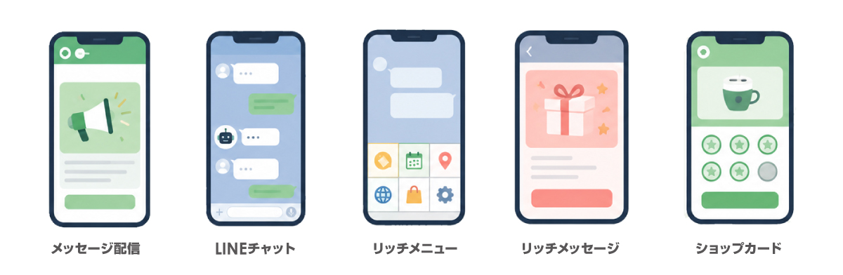LINE公式アカウントのショップカードやクーポン機能を活用した店舗運営のイメージ
